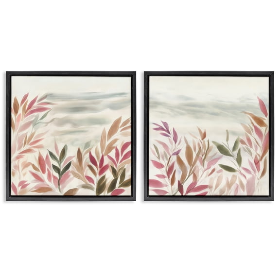 Stupell Industries Leafy Muted Subtlety 2 Piece Black Framed Floater Canvas Set design by Mona Grace, 18 x 18