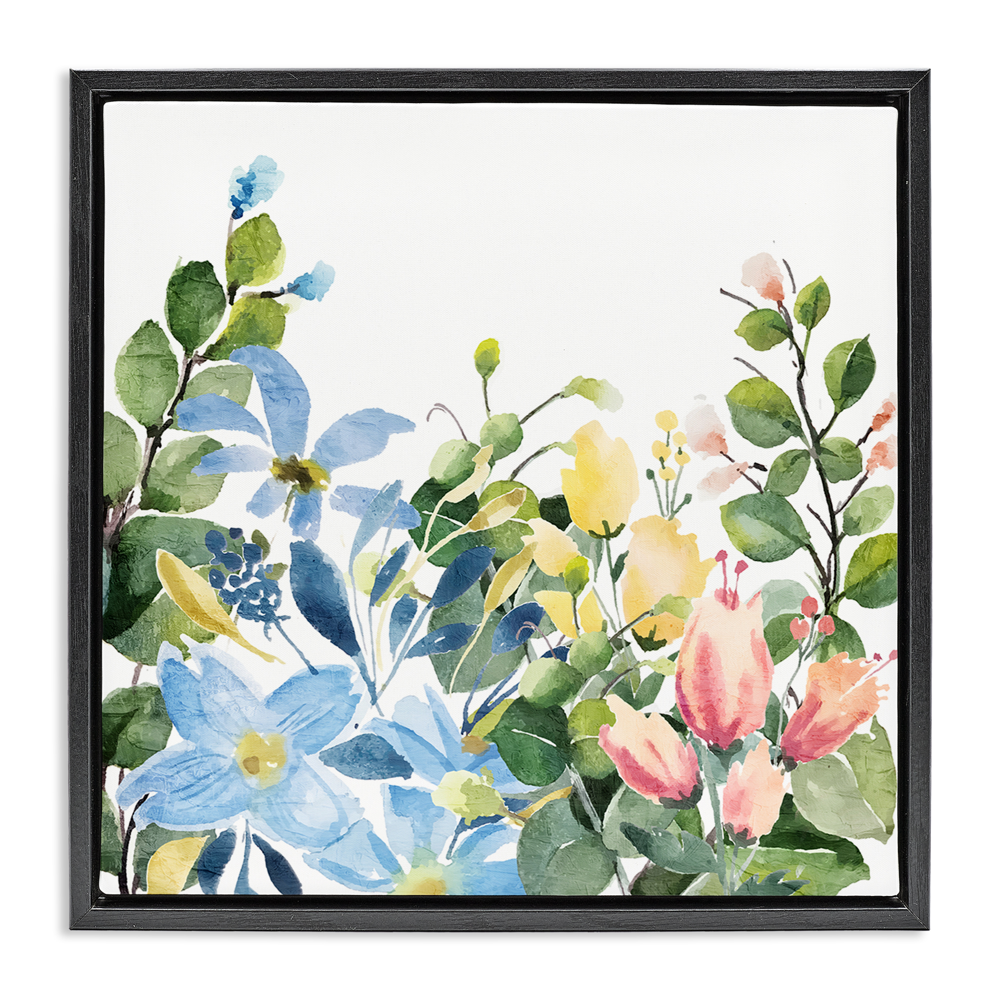 Stupell Industries Leafy Spring Blooms Plants & Flowers Painting Black Floater Framed Canvas Art Print Wall Art, 18 x 18