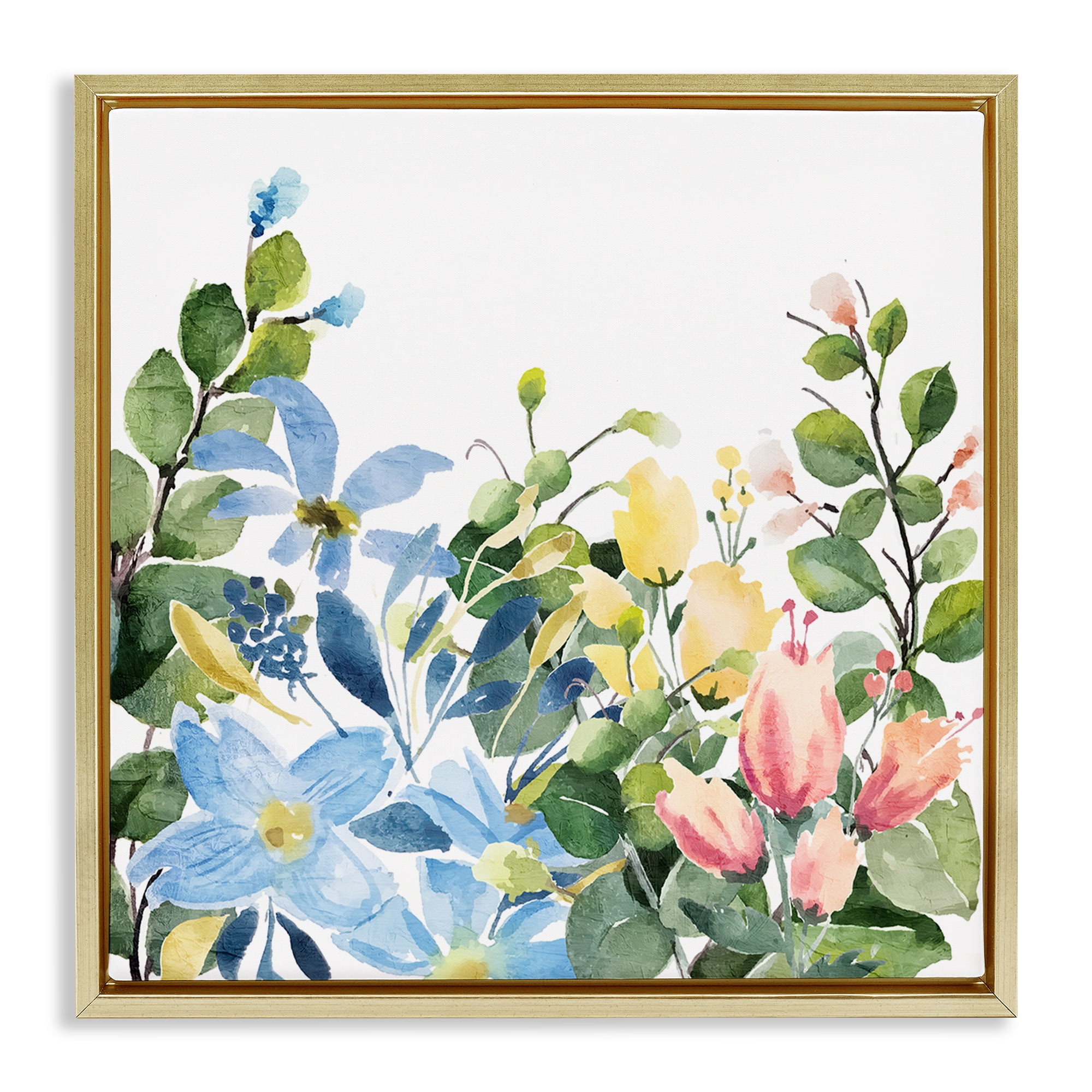 Stupell Industries Leafy Spring Blooms Plants & Flowers Painting Gold Floater Framed Canvas Art Print Wall Art, 25 x 25