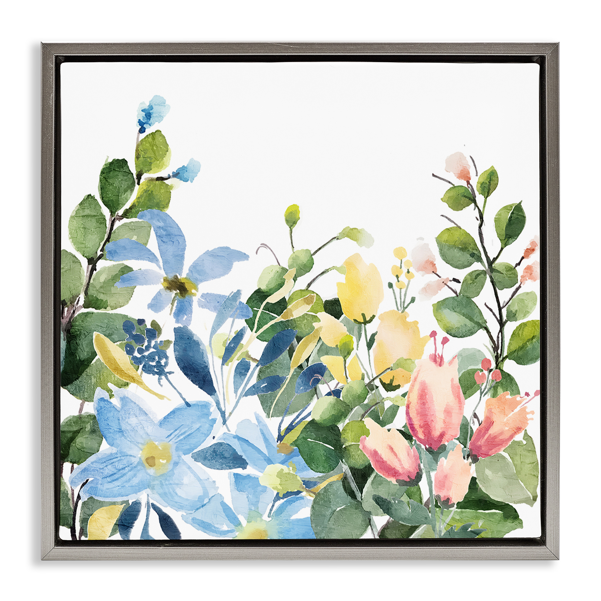 Stupell Industries Leafy Spring Blooms Plants & Flowers Painting Gray Floater Framed Canvas Art Print Wall Art, 25 x 25