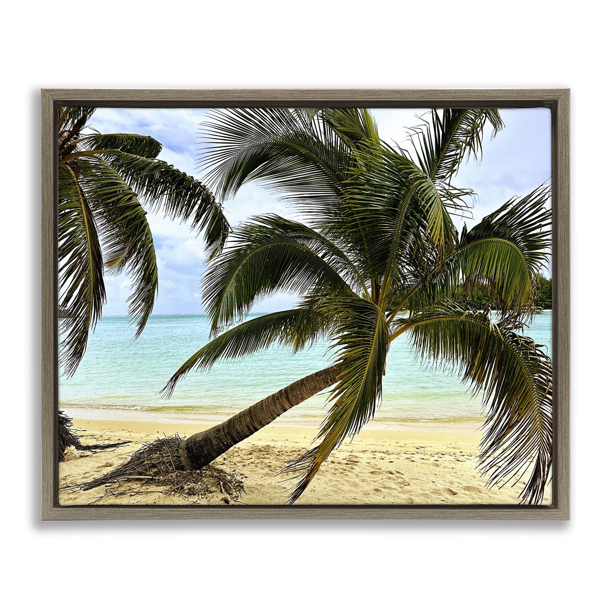 Stupell Industries Leaning Palms on Beach Landscape Photography Brown Floater Framed Canvas Art Print Wall Art, 31 x 25