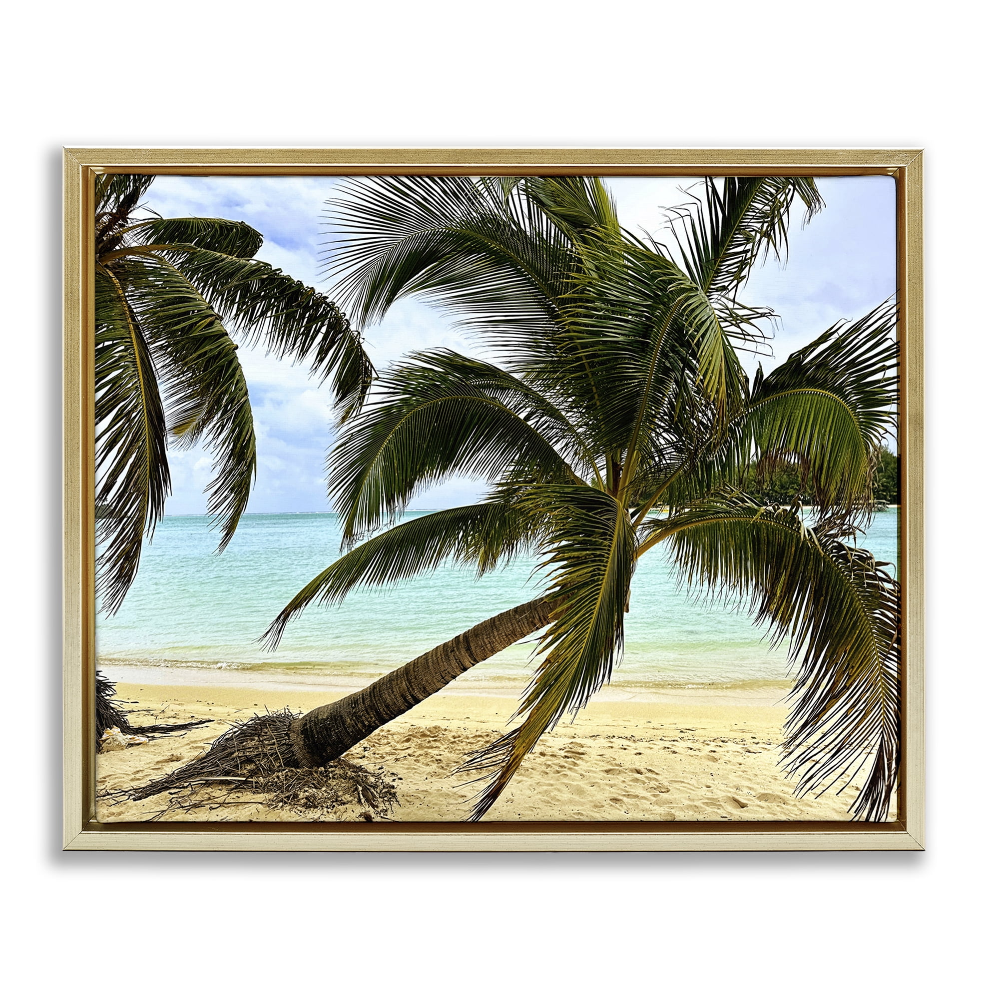 Stupell Industries Leaning Palms on Beach Landscape Photography Gold Floater Framed Canvas Art Print Wall Art, 21 x 17