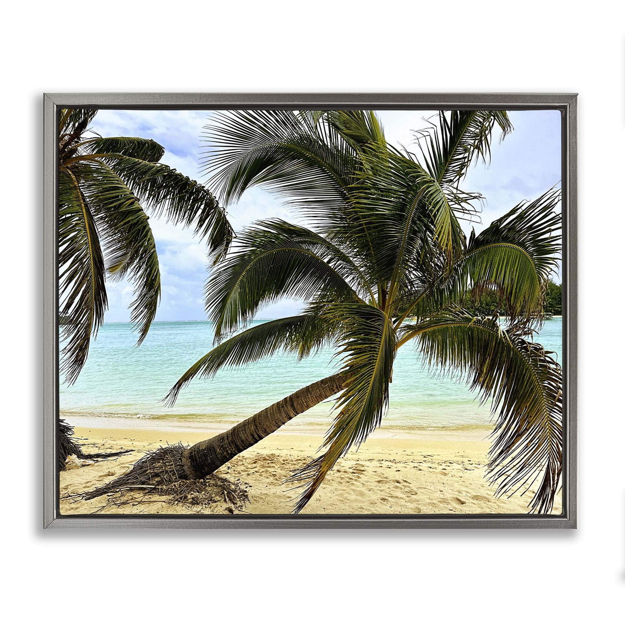 Stupell Industries Leaning Palms on Beach Landscape Photography Gray Floater Framed Canvas Art Print Wall Art, 21 x 17