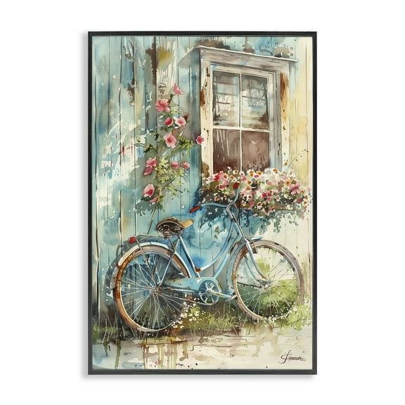 Stupell Industries Leaning Spring Bicycle Transportation Painting Black Framed Art Print Wall Art, 12 x 18