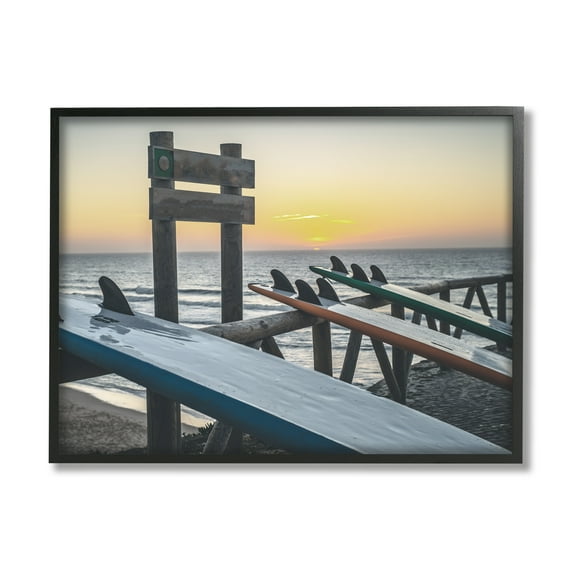 Stupell Industries Leaning Surfboards by Beach Nature Photography Black Framed Art Print Wall Art, 14 x 11