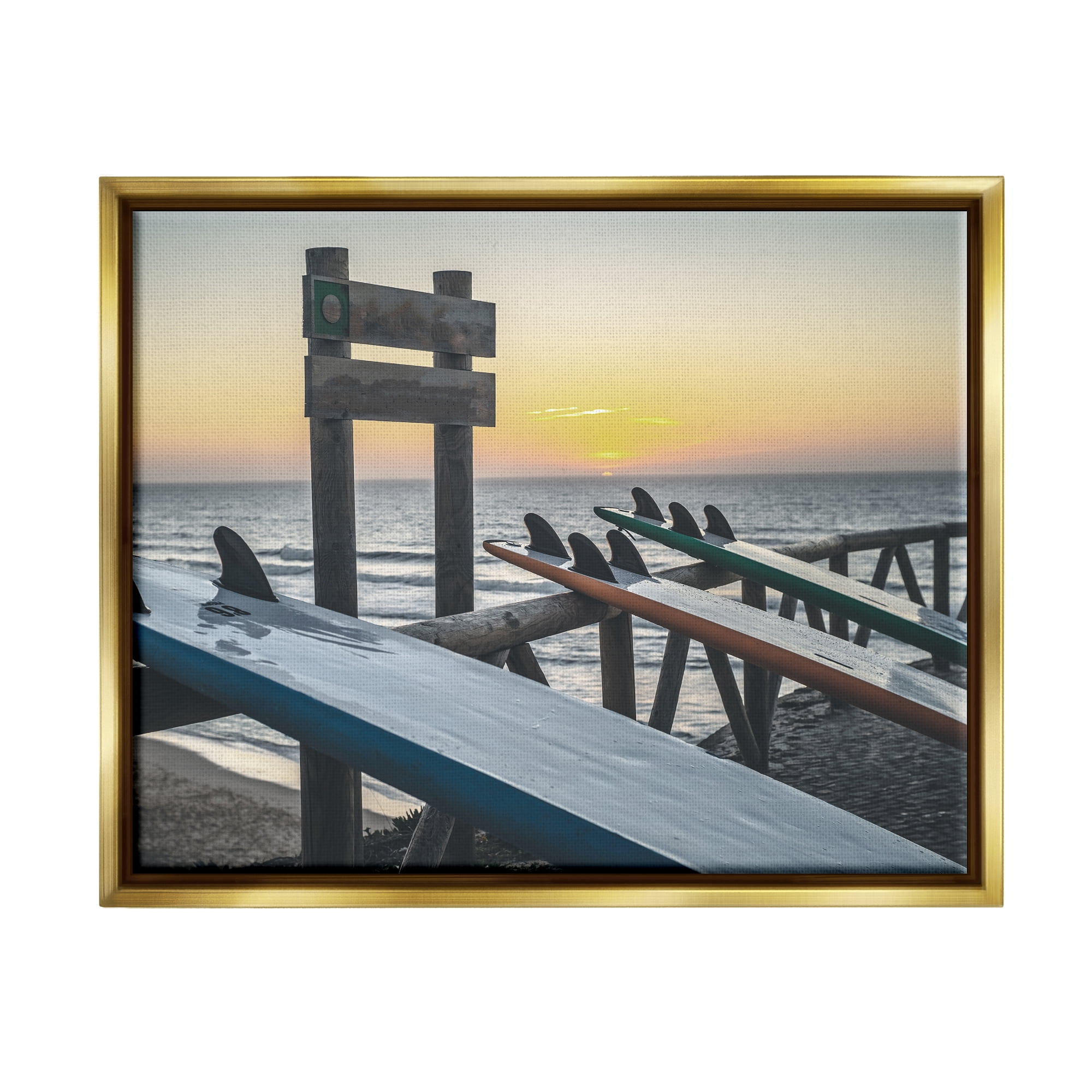 Stupell Industries Leaning Surfboards by Beach Nature Photography Gold Floater Framed Art Print Wall Art, 31 x 25