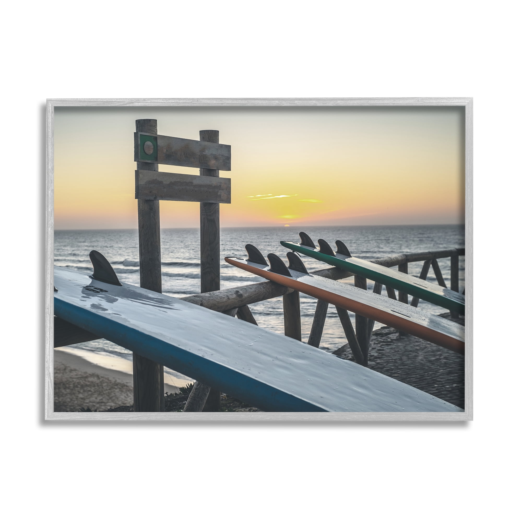 Stupell Industries Leaning Surfboards by Beach Nature Photography Gray Framed Art Print Wall Art, 30 x 24
