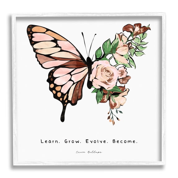 Stupell Industries Learn Grow Evolve Become Motivational Children's Diversity Butterfly Graphic Art White Framed Art Print Wall Art, 12x12, by Erica Billups