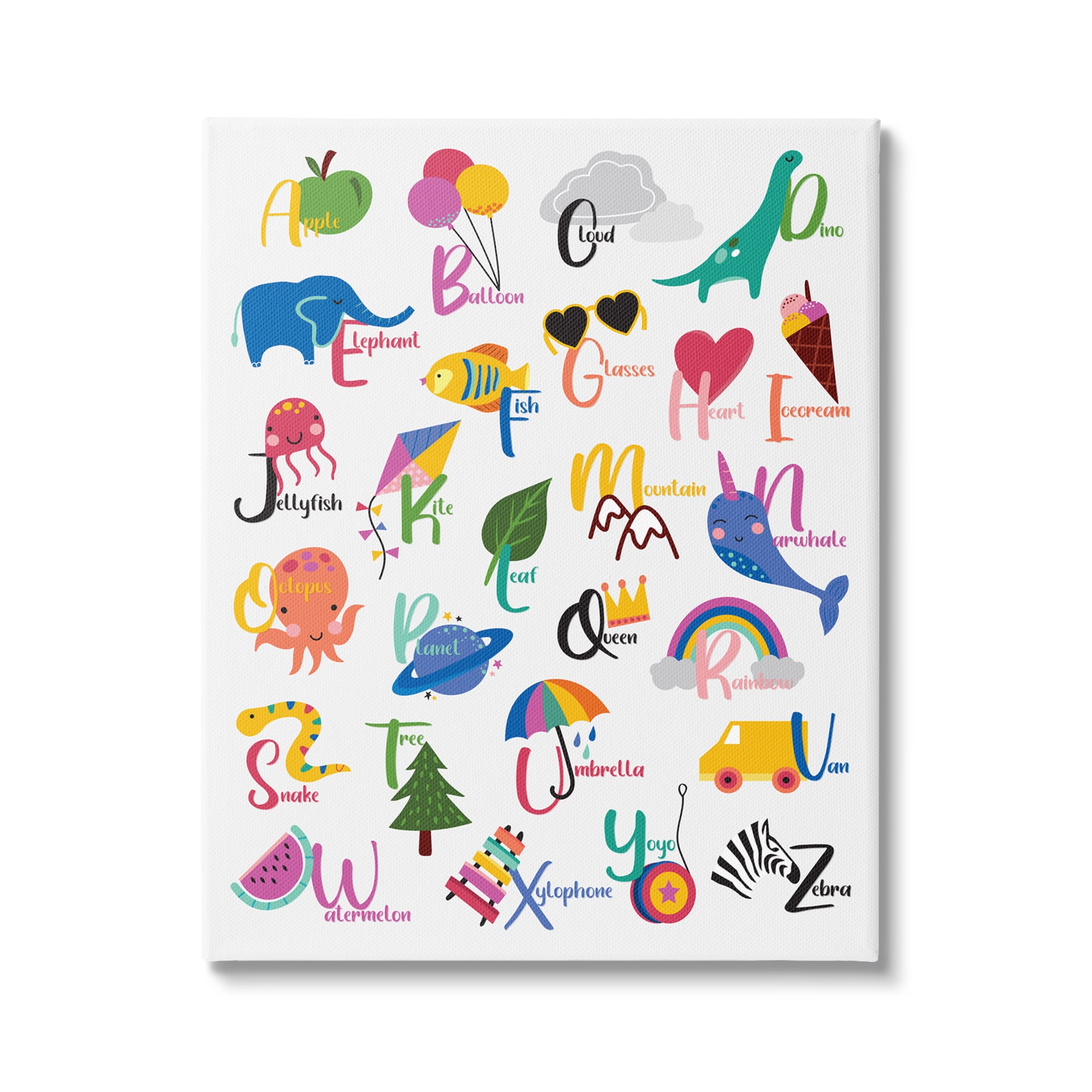 Stupell Industries Learning Alphabet Letters Various Animals Food Things Canvas Wall Art, 16 x 20, Design by Louise Allen