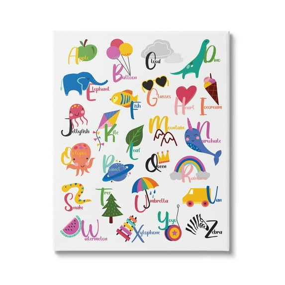 Stupell Industries Learning Alphabet Letters Various Animals Food Things Canvas Wall Art, 24 x 30, Design by Louise Allen