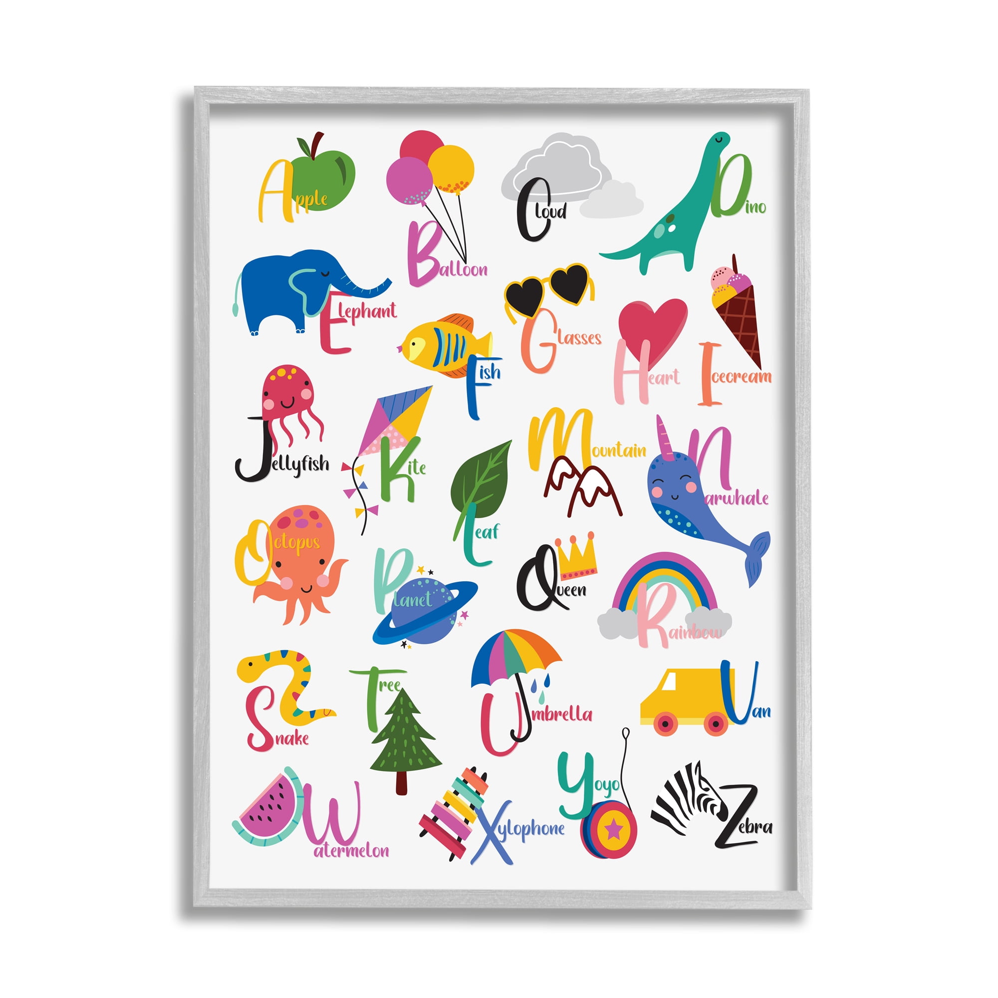 Stupell Industries Learning Alphabet Letters Various Animals Food Things Framed Wall Art, 16 x 20, Design by Louise Allen