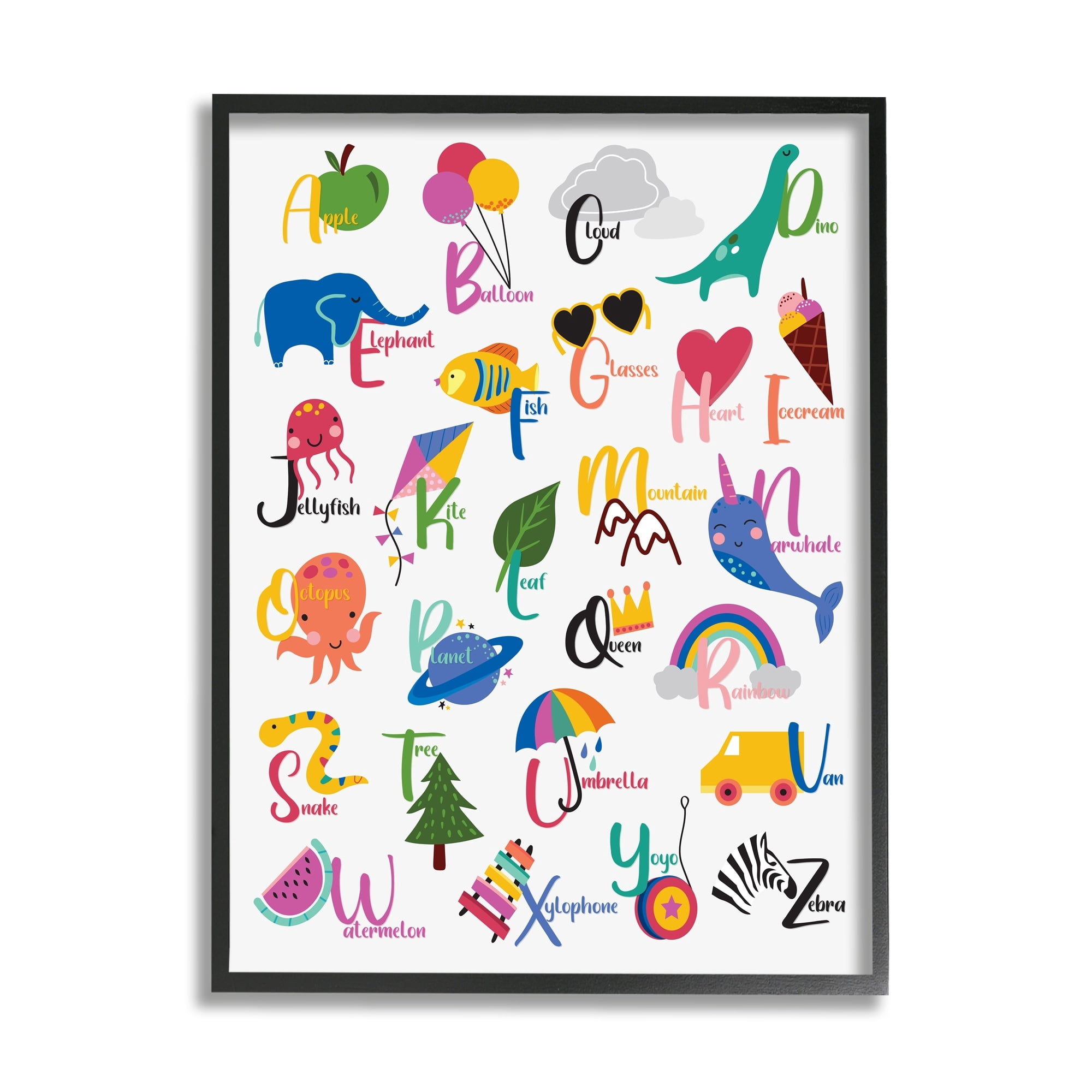 Stupell Industries Learning Alphabet Letters Various Animals Food Things Framed Wall Art, 24 x 30, Design by Louise Allen