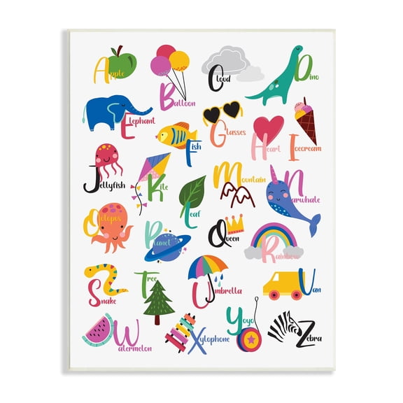 Stupell Industries Learning Alphabet Letters Various Animals Food Things Wood Wall Art, 10 x 15, Design by Louise Allen