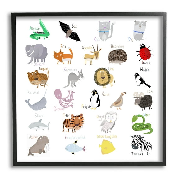 Stupell Industries Learning Alphabet Wild Animals Graphic Art Black Framed Art Print Wall Art, Design by Carla Daly