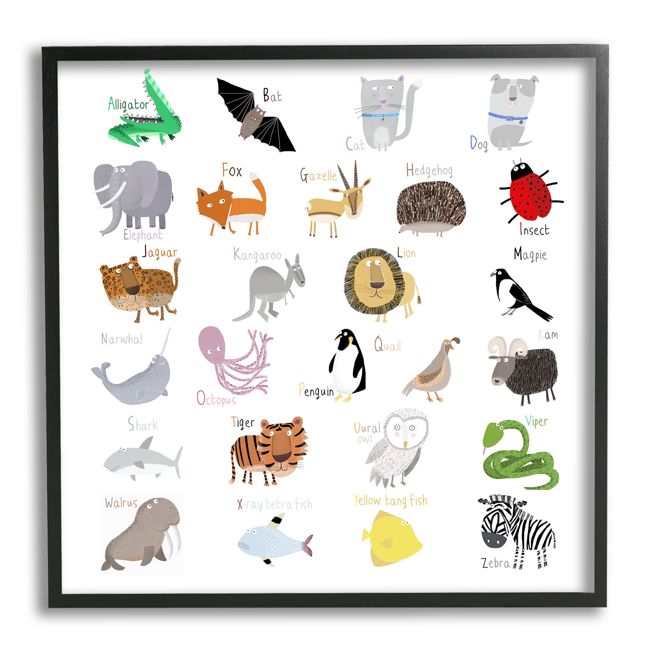 Stupell Industries Learning Alphabet Wild Animals Graphic Art Black Framed Art Print Wall Art, Design by Carla Daly