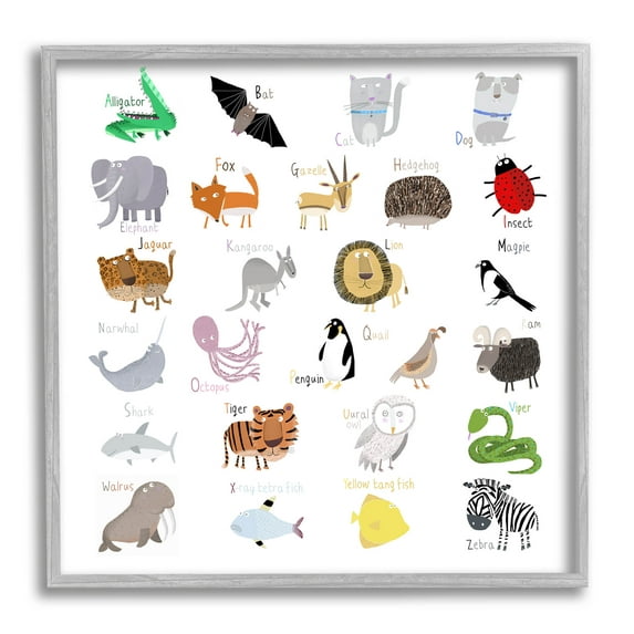 Stupell Industries Learning Alphabet Wild Animals Graphic Art Gray Framed Art Print Wall Art, Design by Carla Daly