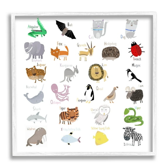 Stupell Industries Learning Alphabet Wild Animals Graphic Art White Framed Art Print Wall Art, Design by Carla Daly
