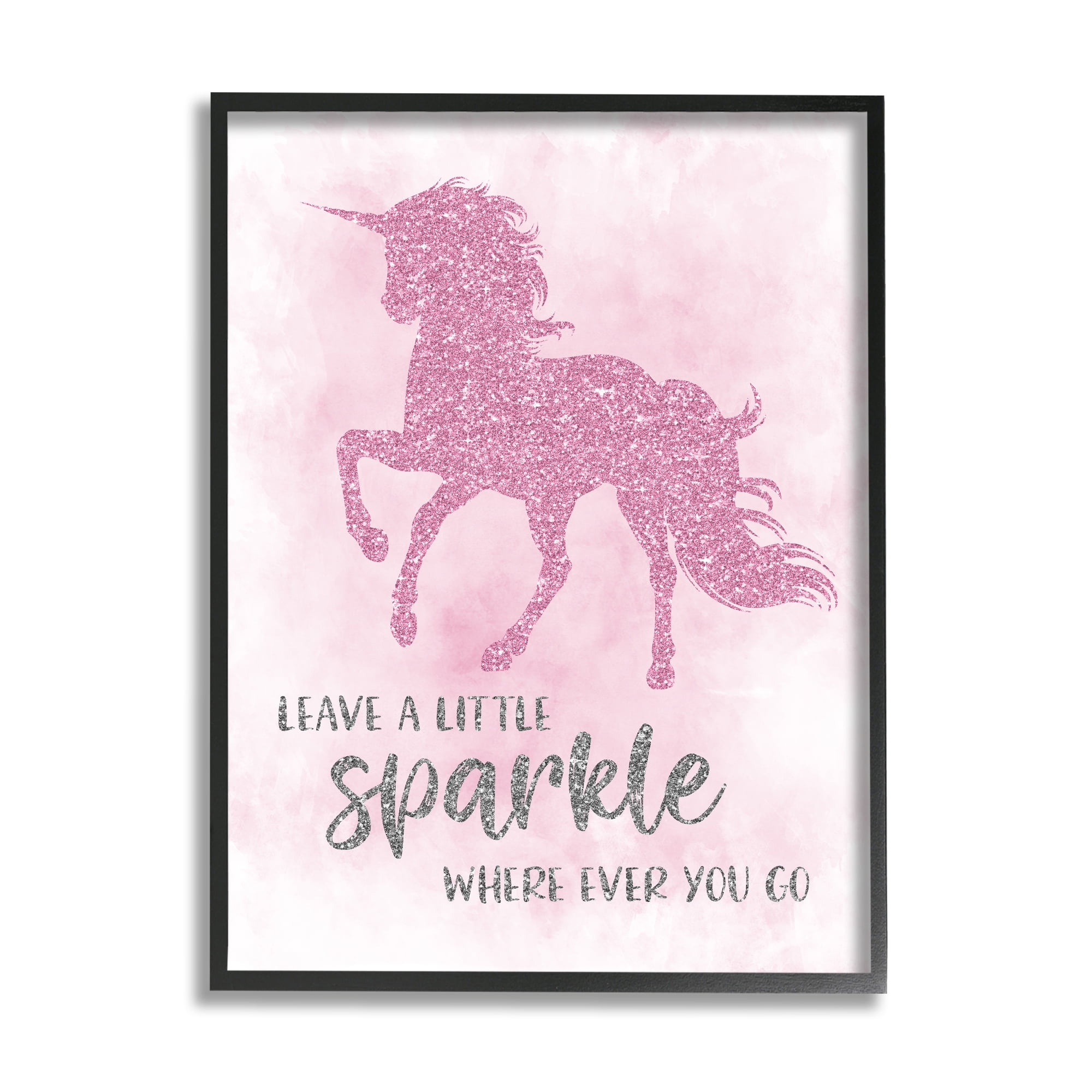 Stupell Industries Leave A Little Sparkle Phrase Pink Shimmer Unicorn Fairy Tales & Fantasy Painting Black Framed Art Print Wall Art, 11 x 14