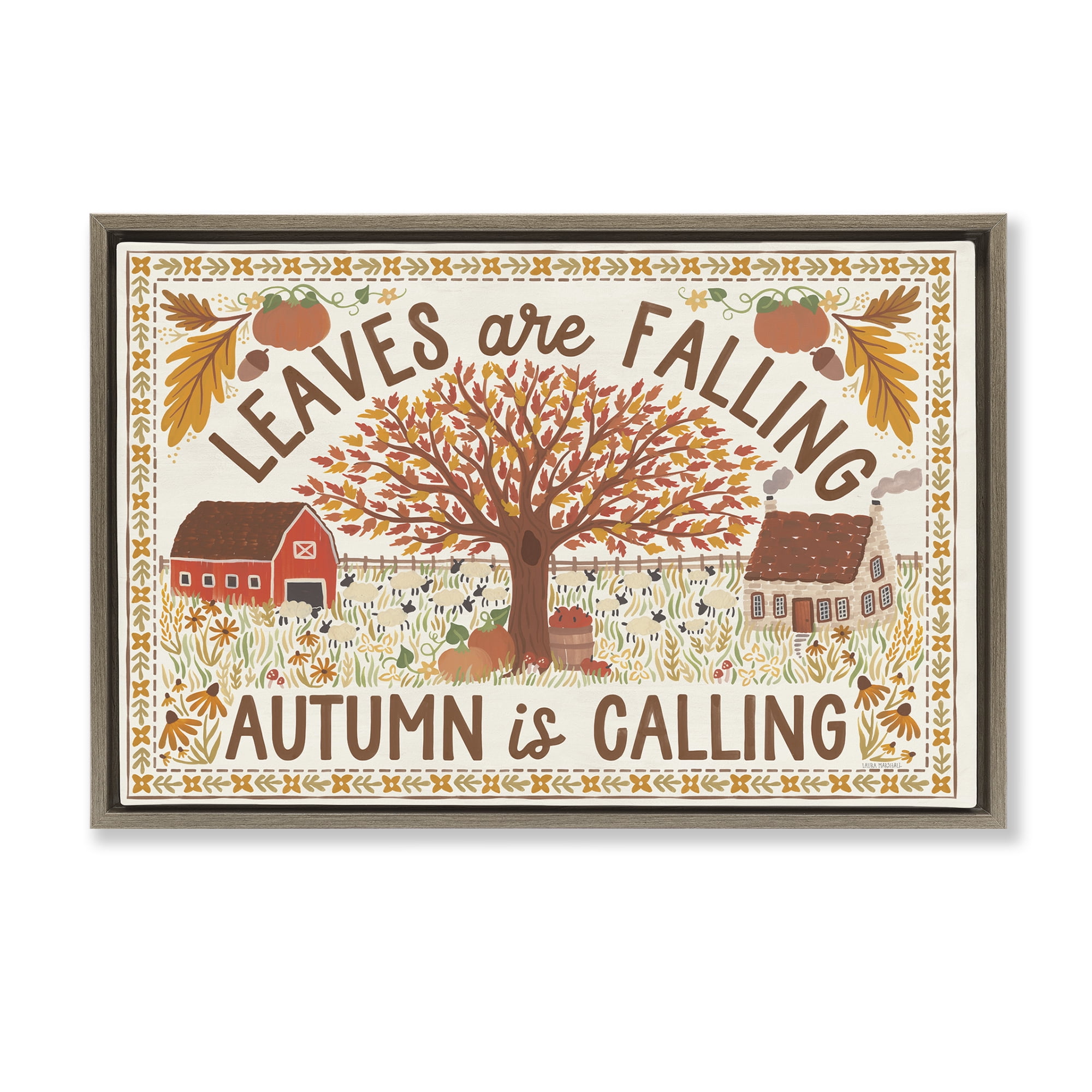 Stupell Industries Leaves Are Falling Scene Landscape Painting Brown Floater Framed Canvas Art Prints Wall Art, 25 x 17