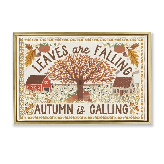 Stupell Industries Leaves Are Falling Scene Landscape Painting Gold Floater Framed Canvas Art Prints Wall Art, 31 x 21