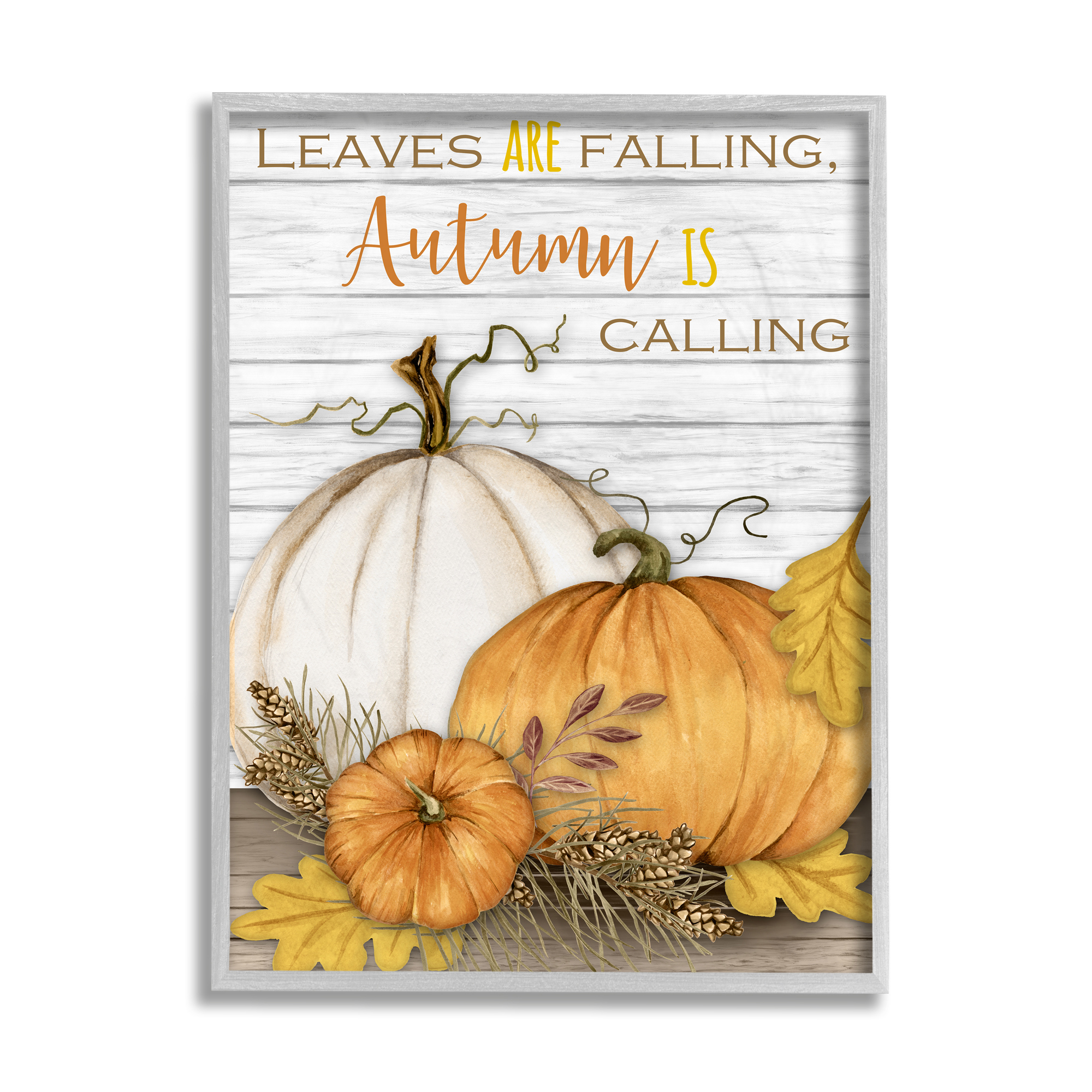 Stupell Industries Leaves Falling Autumn Calling Quote Farm Harvest Landscape Painting Gray Framed Art Print Wall Art, 11 x 14