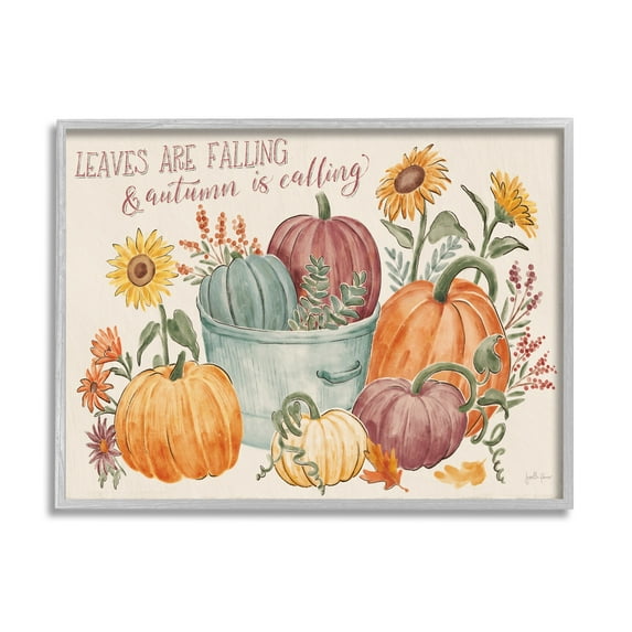 Stupell Industries Leaves Falling Autumn Is Calling Phrase Pumpkin Baskets Graphic Art Gray Framed Art Print Wall Art, 20x16, by Janelle Penner