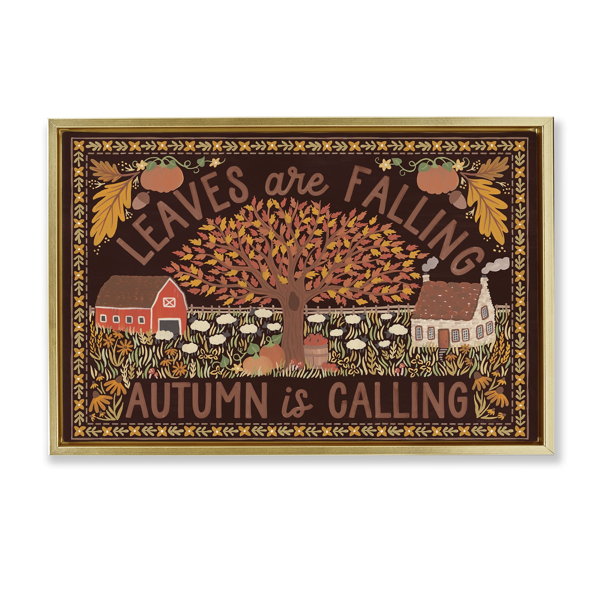 Stupell Industries Leaves Falling on Brown Landscape Painting Gold Floater Framed Canvas Art Prints Wall Art, 25 x 17