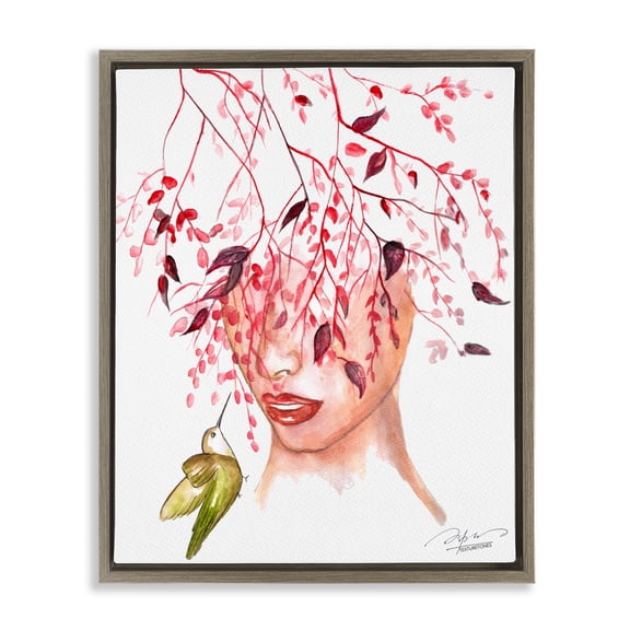 Stupell Industries Leaves Over Face Portrait Portrait Painting Brown Floater Framed Canvas Art Print Wall Art, 17 x 21