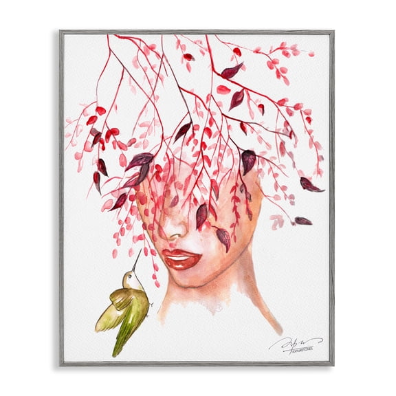 Stupell Industries Leaves Over Face Portrait Portrait Painting Gray Framed Art Print Wall Art, 16 x 20