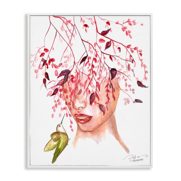 Stupell Industries Leaves Over Face Portrait Portrait Painting White Framed Art Print Wall Art, 24 x 30