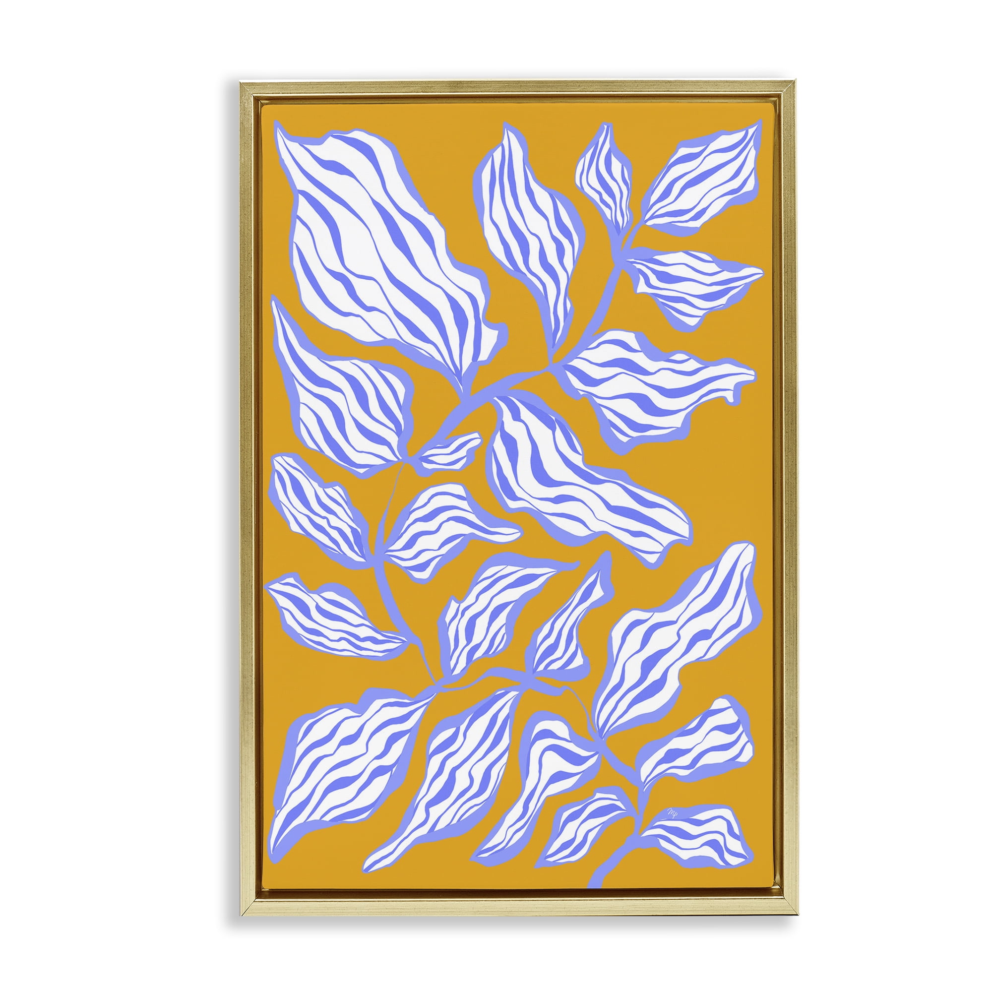 Stupell Industries Leaves on Orange Botanical & Floral Painting Gold Floater Framed Art Print Wall Art, 21 x 31