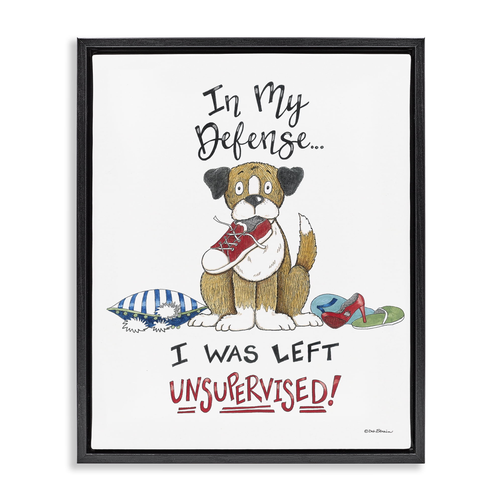 Stupell Industries Left Unsupervised Dog Animals Painting Black Floater Framed Canvas Art Print Wall Art, 25 x 31