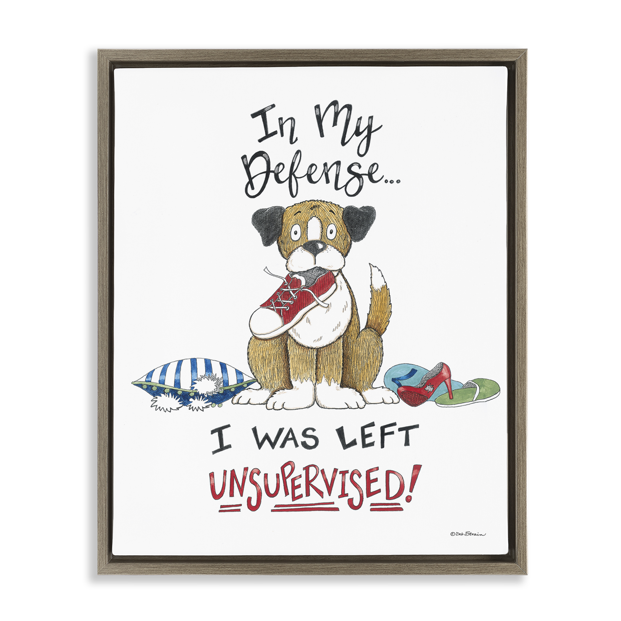 Stupell Industries Left Unsupervised Dog Animals Painting Brown Floater Framed Canvas Art Print Wall Art, 25 x 31