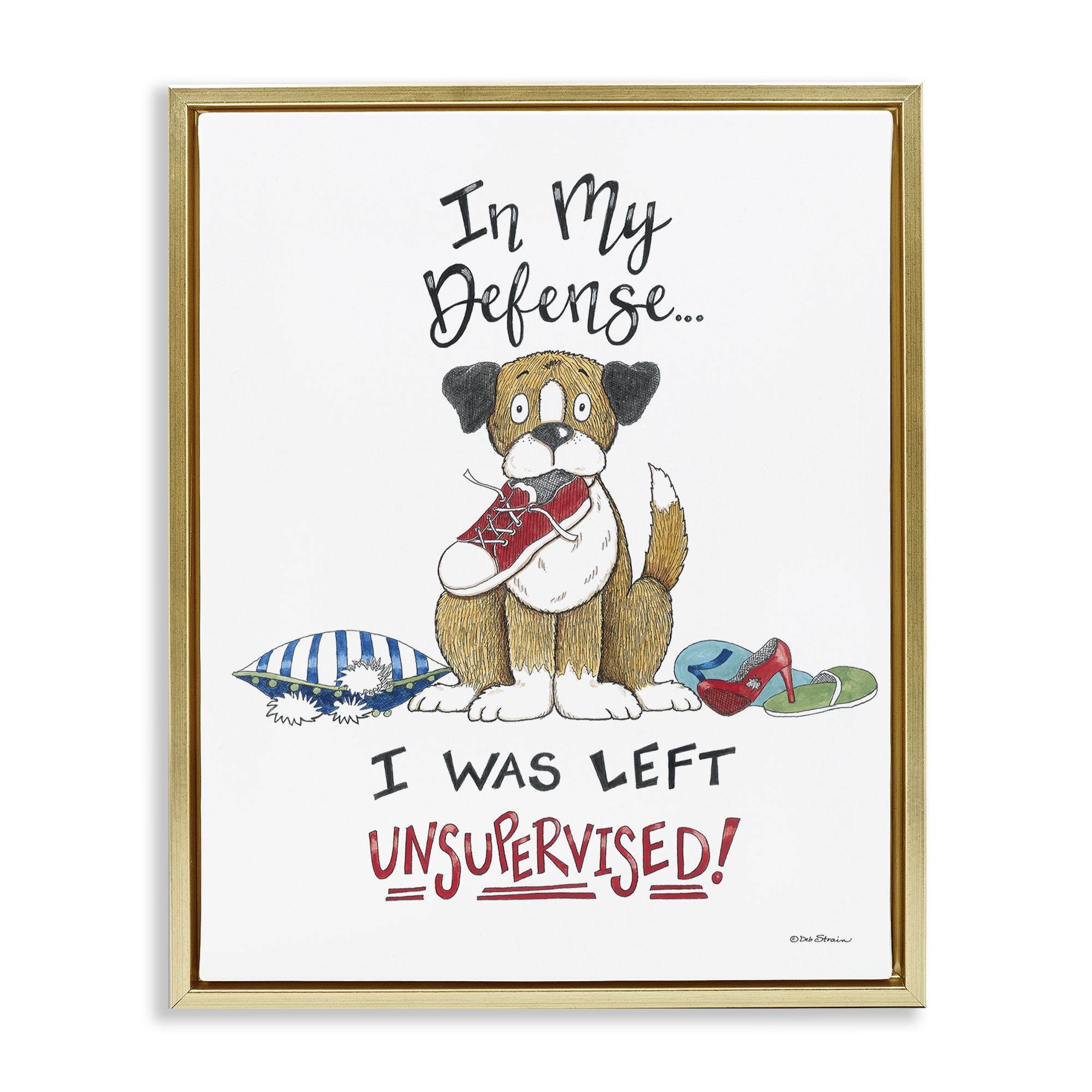 Stupell Industries Left Unsupervised Dog Animals Painting Gold Floater Framed Canvas Art Print Wall Art, 17 x 21