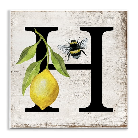 Stupell Industries Lemon & Bee H Letter Insects Painting Unframed Art Print Wall Art, 12 x 12