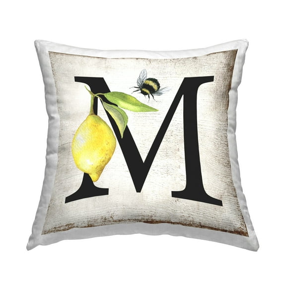 Stupell Industries Lemon & Bee M Letter Design by Creatif Belle Outdoor Printed Pillow