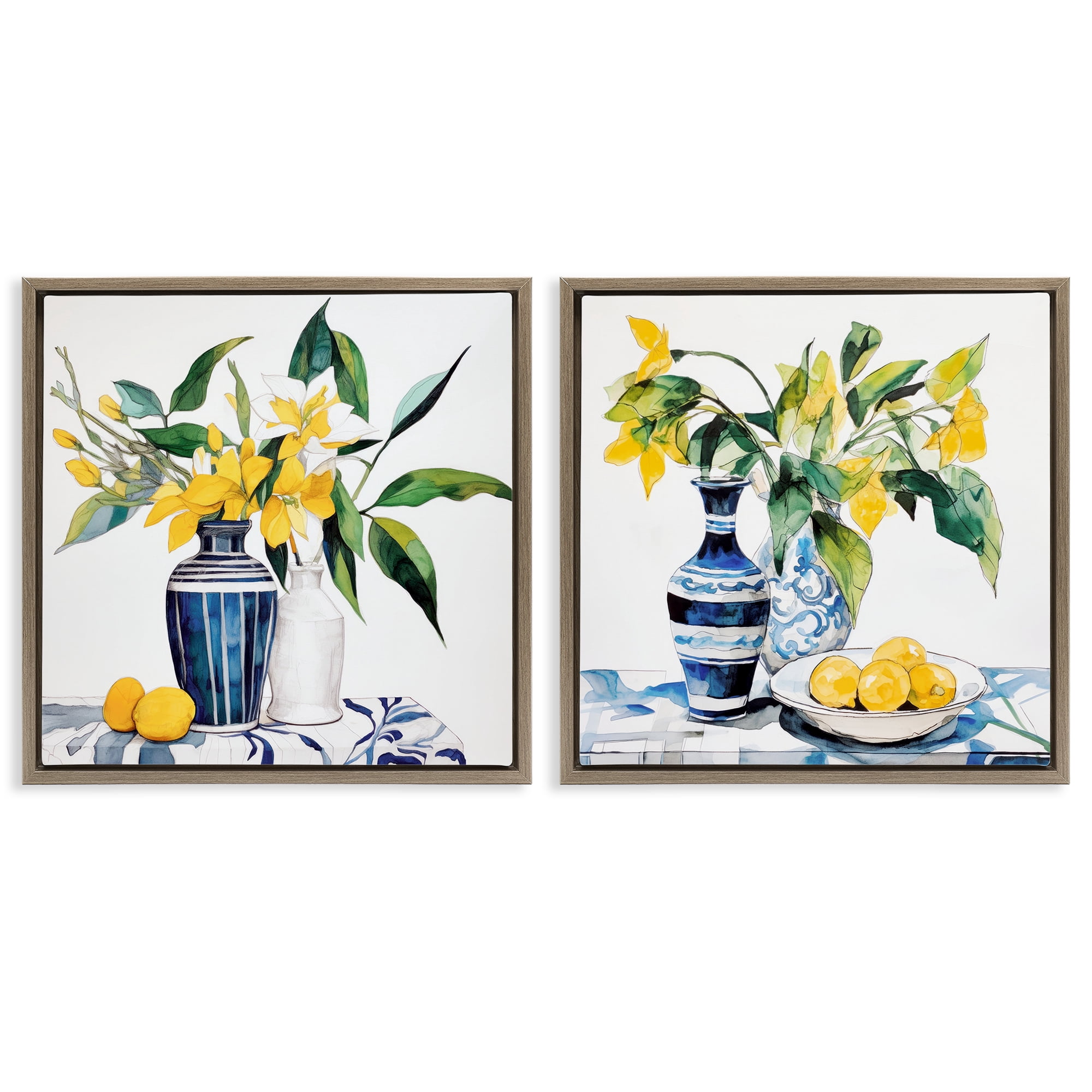Stupell Industries Lemon Blooms Table Setting 2 Piece Brown Framed Floater Canvas Set, design by Ray Powers