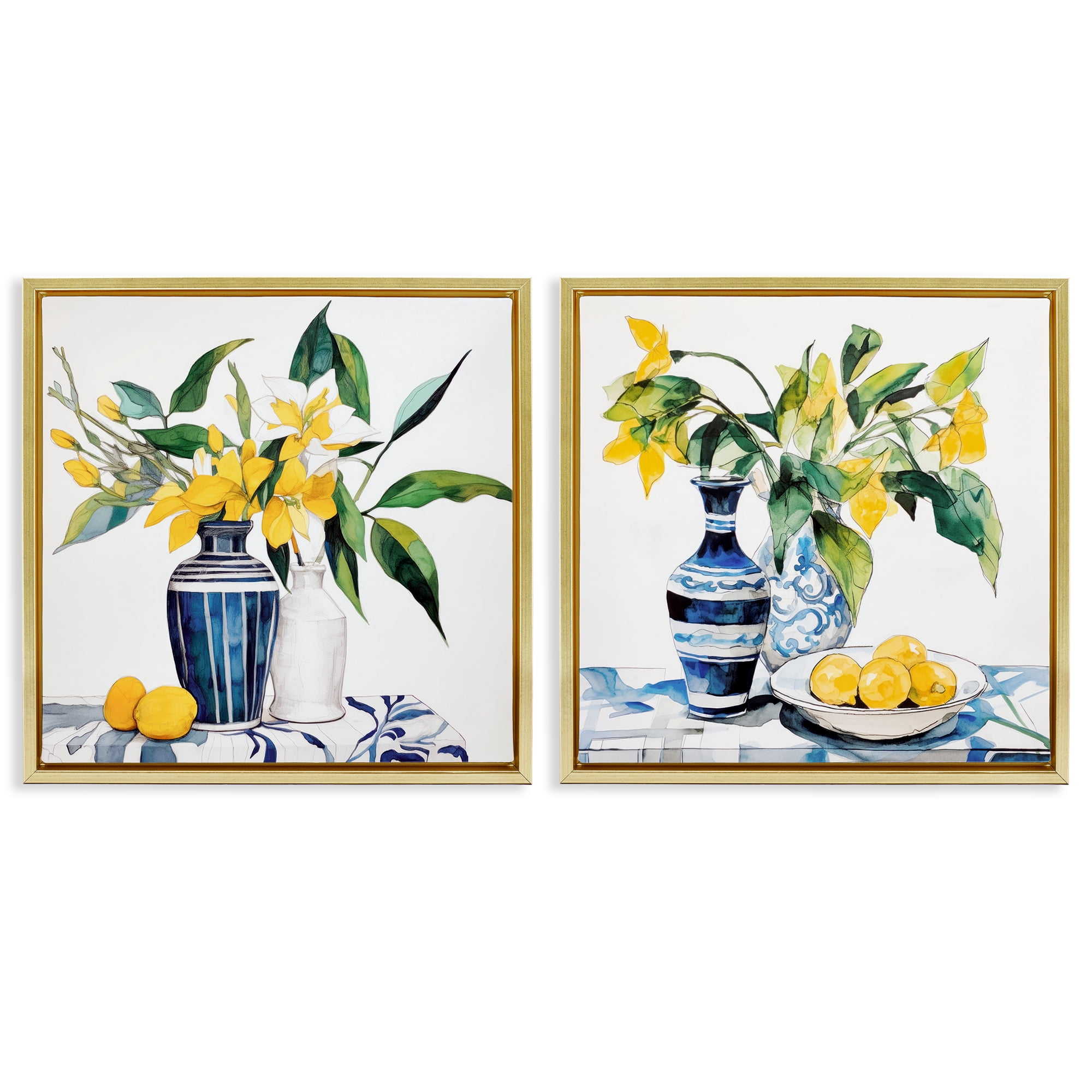 Stupell Industries Lemon Blooms Table Setting 2 Piece Gold Framed Floater Canvas Set, design by Ray Powers