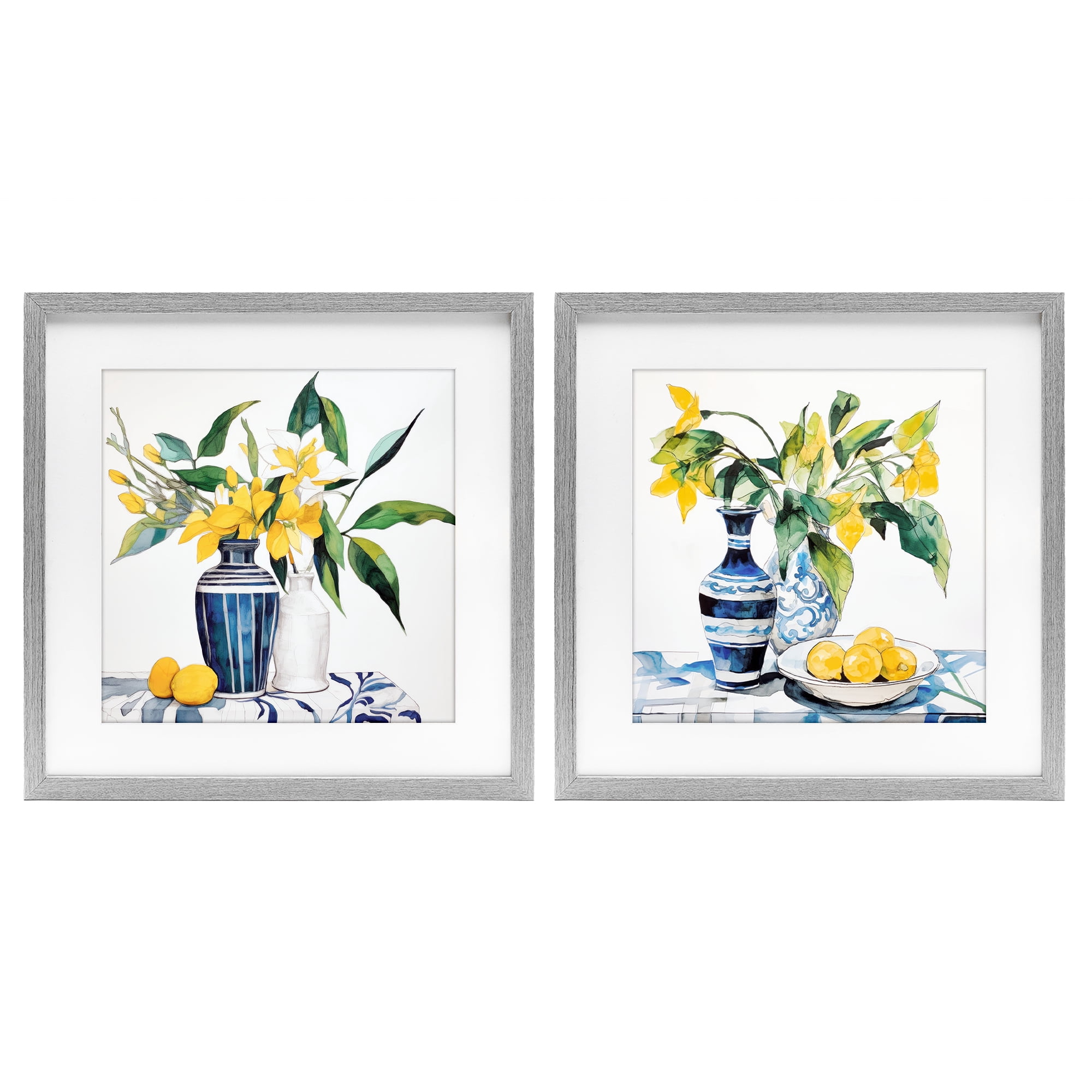 Stupell Industries Lemon Blooms Table Setting 2 Piece Gray Framed Print Under Glass Set, design by Ray Powers