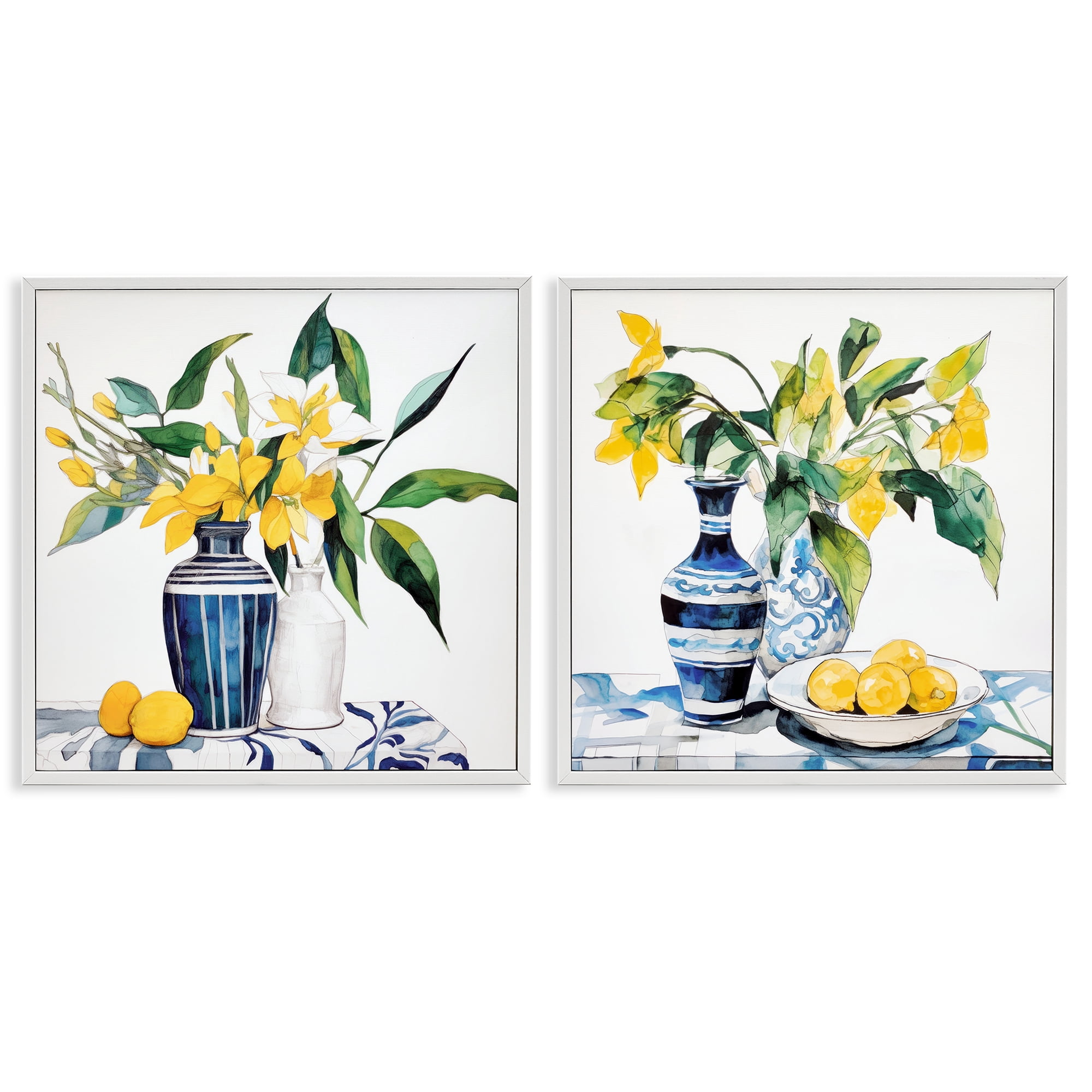 Stupell Industries Lemon Blooms Table Setting 2 Piece White Framed Giclee Art Set, design by Ray Powers