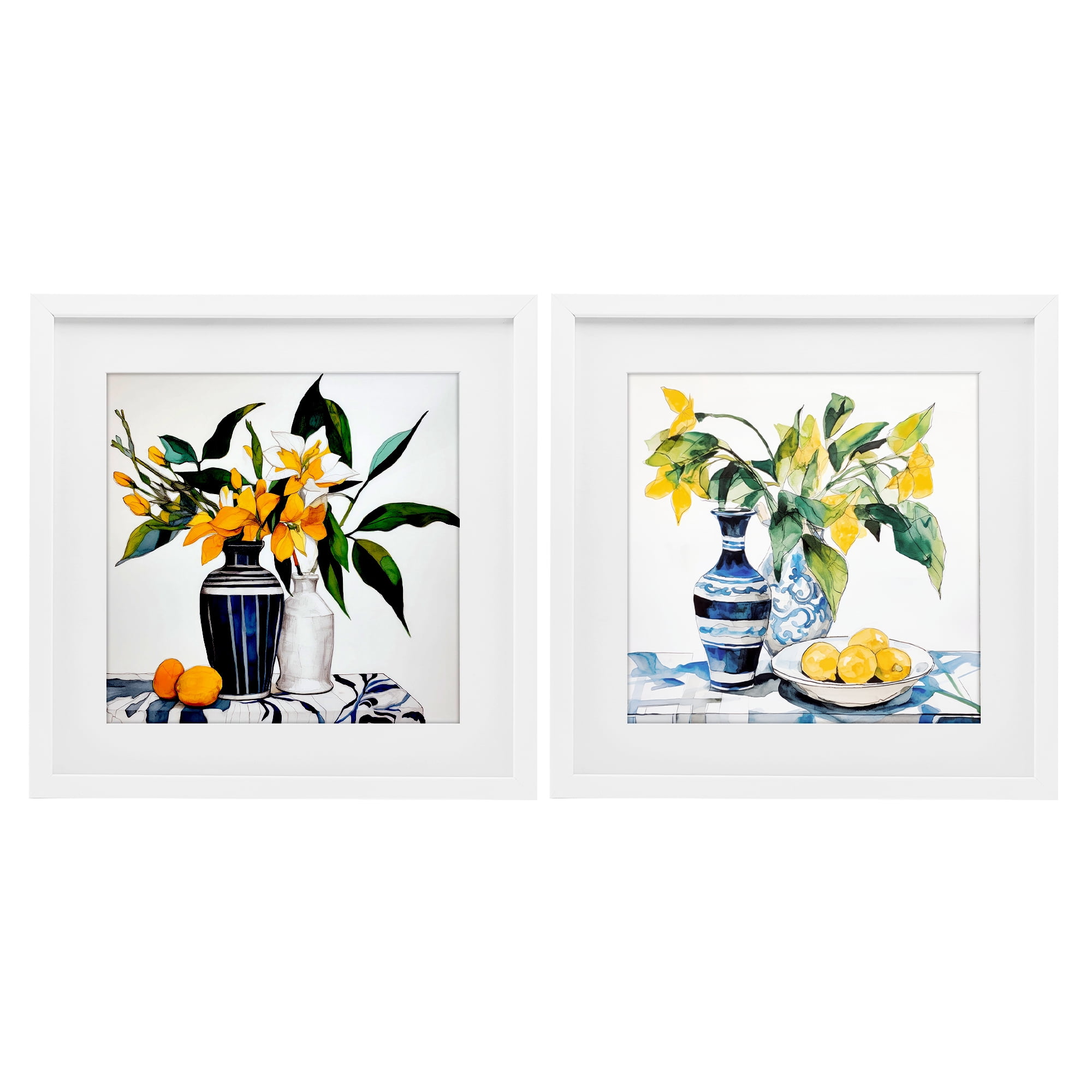 Stupell Industries Lemon Blooms Table Setting 2 Piece White Framed Print Under Glass Set, design by Ray Powers
