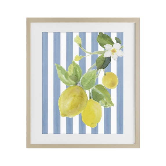 Stupell Industries Farmhouse Lemon Blossom on Blue Stripes Birch Framed Print Under Glass, 17 x 21, by Lanie Loreth