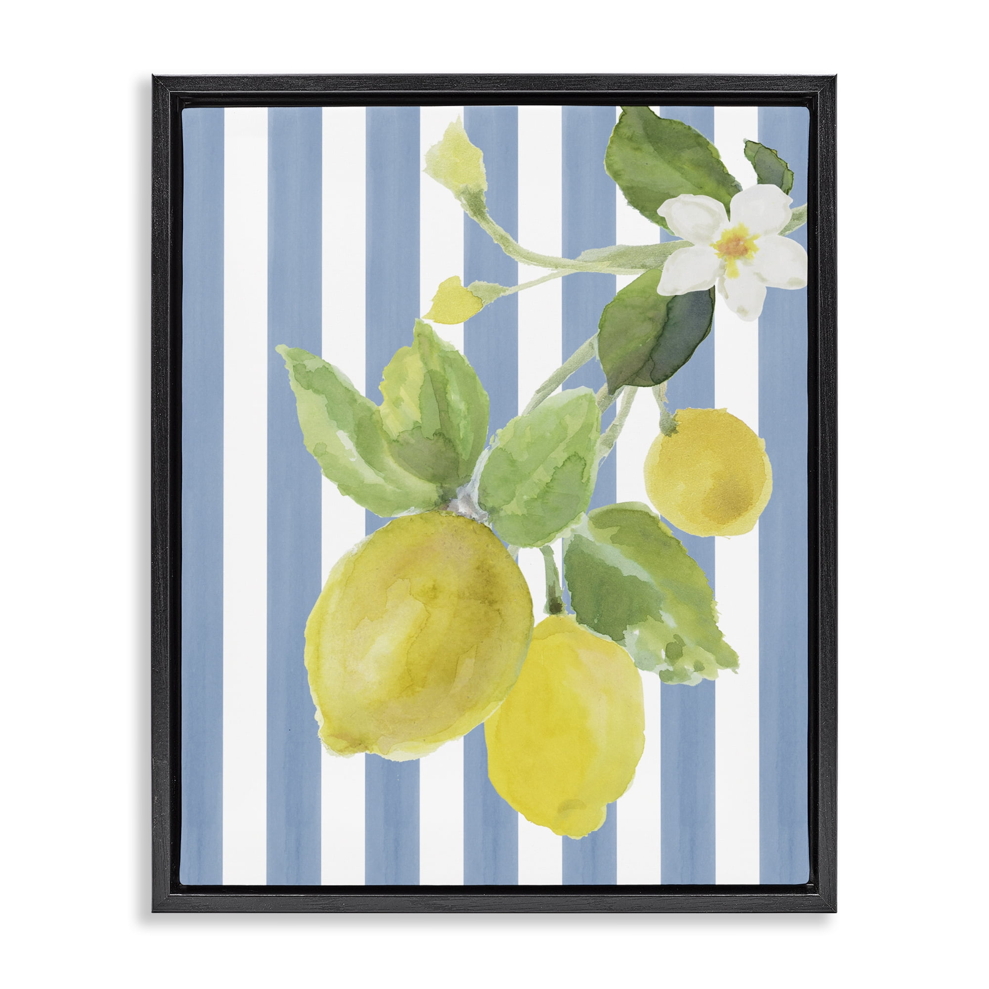 Stupell Industries Lemon Blossom on Blue Stripes Black Framed Floater Canvas Wall Art, design by Lanie Loreth