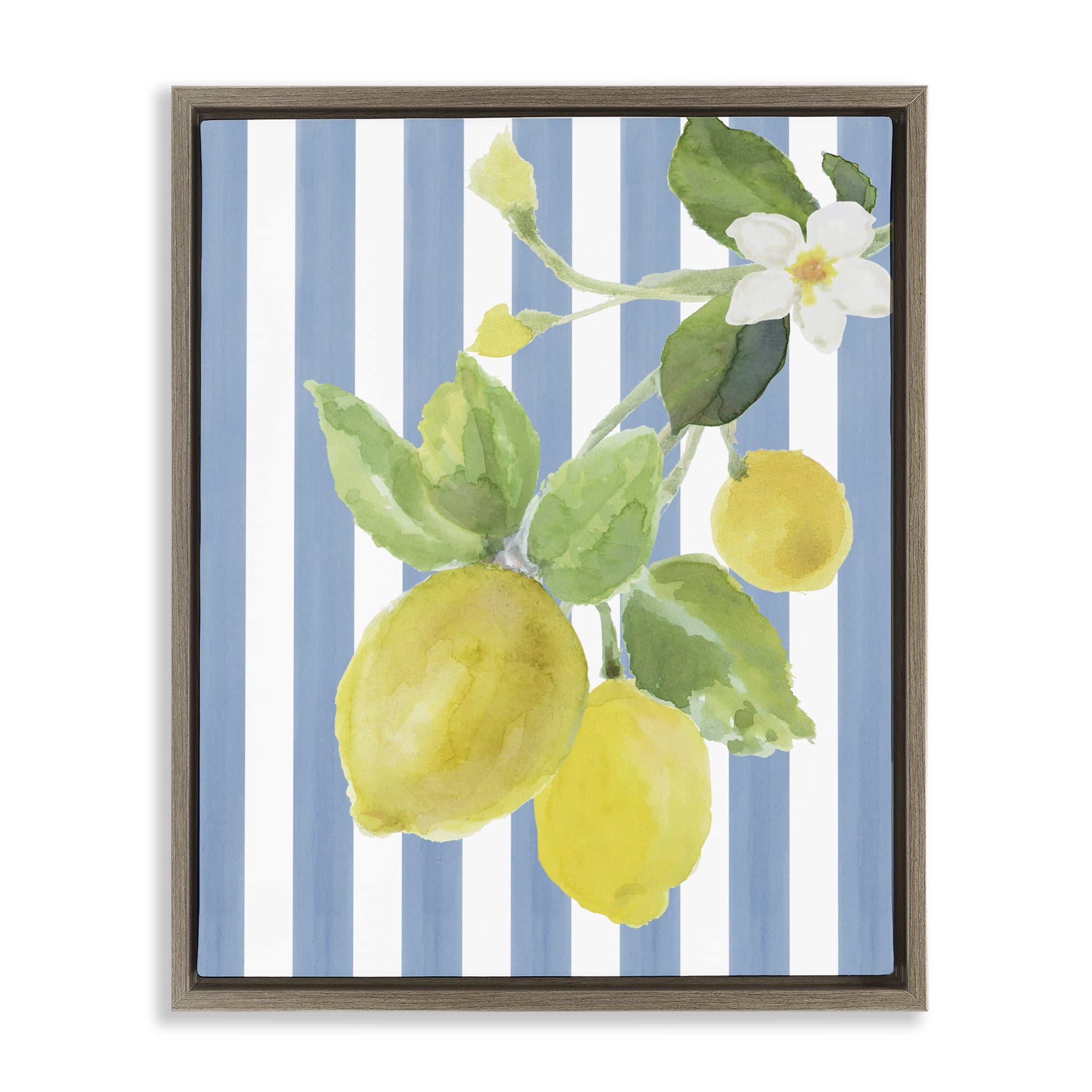 Stupell Industries Lemon Blossom on Blue Stripes Brown Framed Floater Canvas Wall Art, design by Lanie Loreth