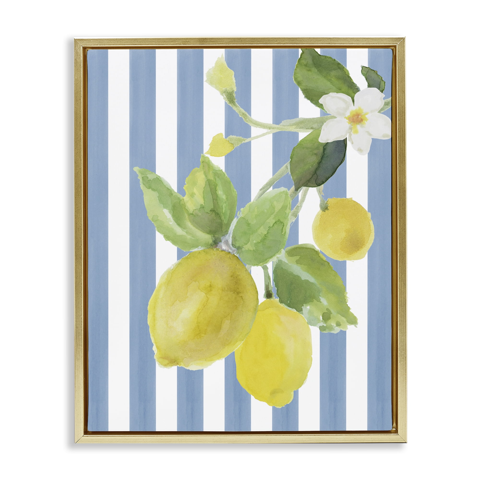 Stupell Industries Lemon Blossom on Blue Stripes Gold Framed Floater Canvas Wall Art, design by Lanie Loreth
