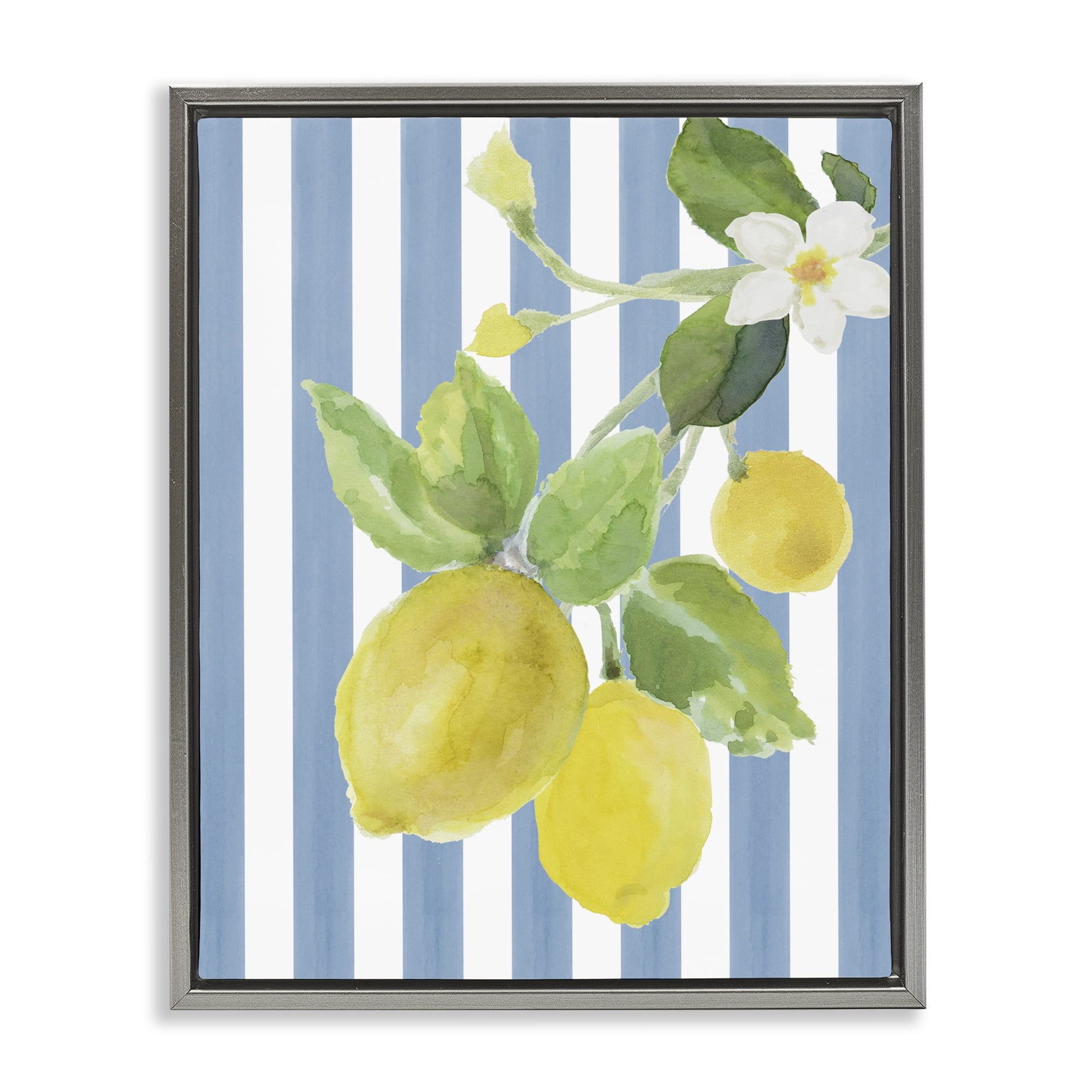 Stupell Industries Lemon Blossom on Blue Stripes Gray Framed Floater Canvas Wall Art, design by Lanie Loreth