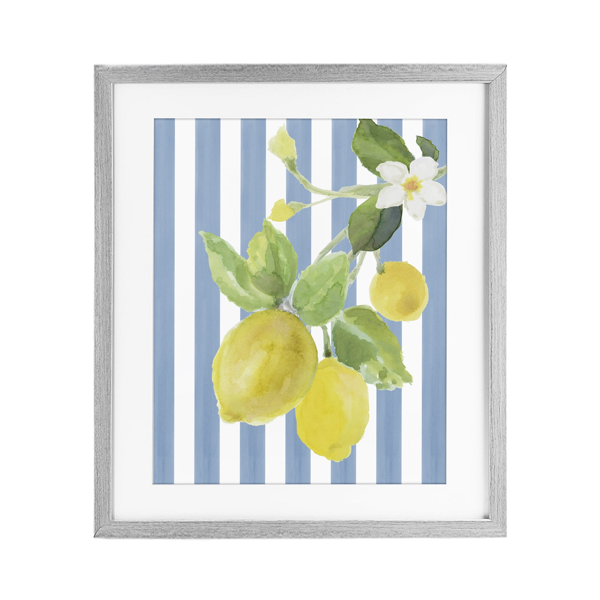 Stupell Industries Lemon Blossom on Blue Stripes Gray Framed Print Under Glass, design by Lanie Loreth