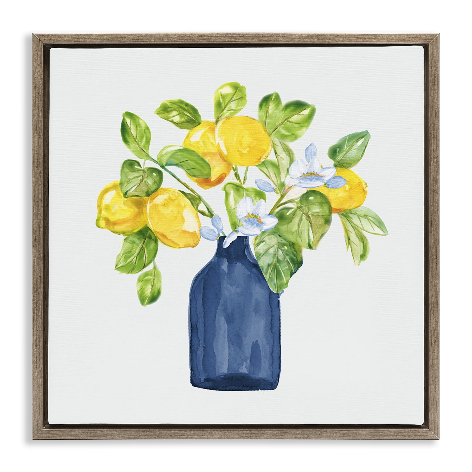 Stupell Industries Lemon Branches in Blue Food & Beverage Painting Brown Floater Framed Canvas Art Print Wall Art, 18 x 18