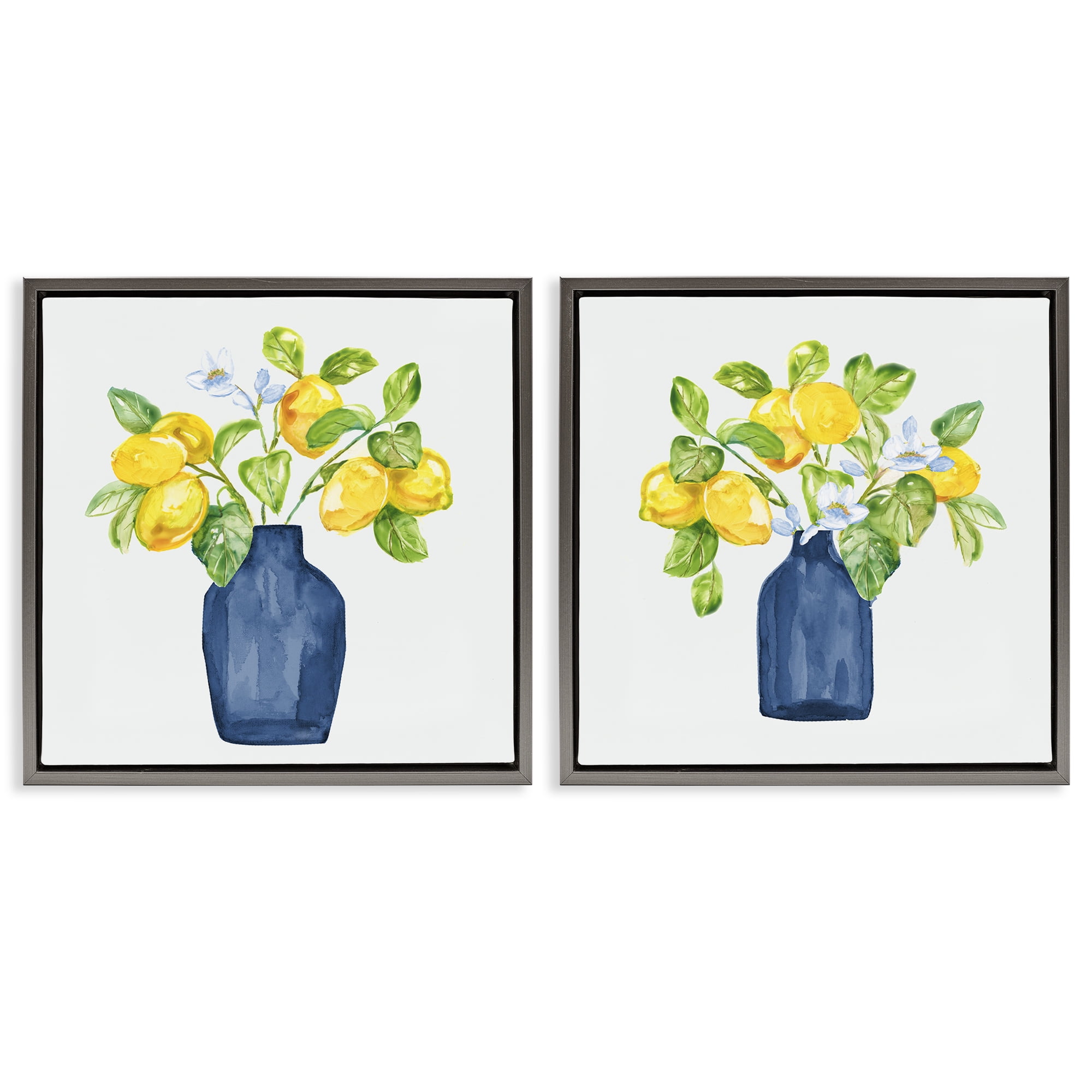 Stupell Industries Lemon Branches in Vases Food & Beverage Painting Gray Floater Framed Canvas Art Print Wall Art, 18 x 18, Set of 2