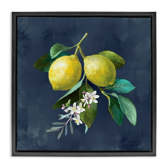 Stupell Industries Lemon Branches on Blue Food & Beverage Painting Black Floater Framed Canvas Art Print Wall Art, 18 x 18